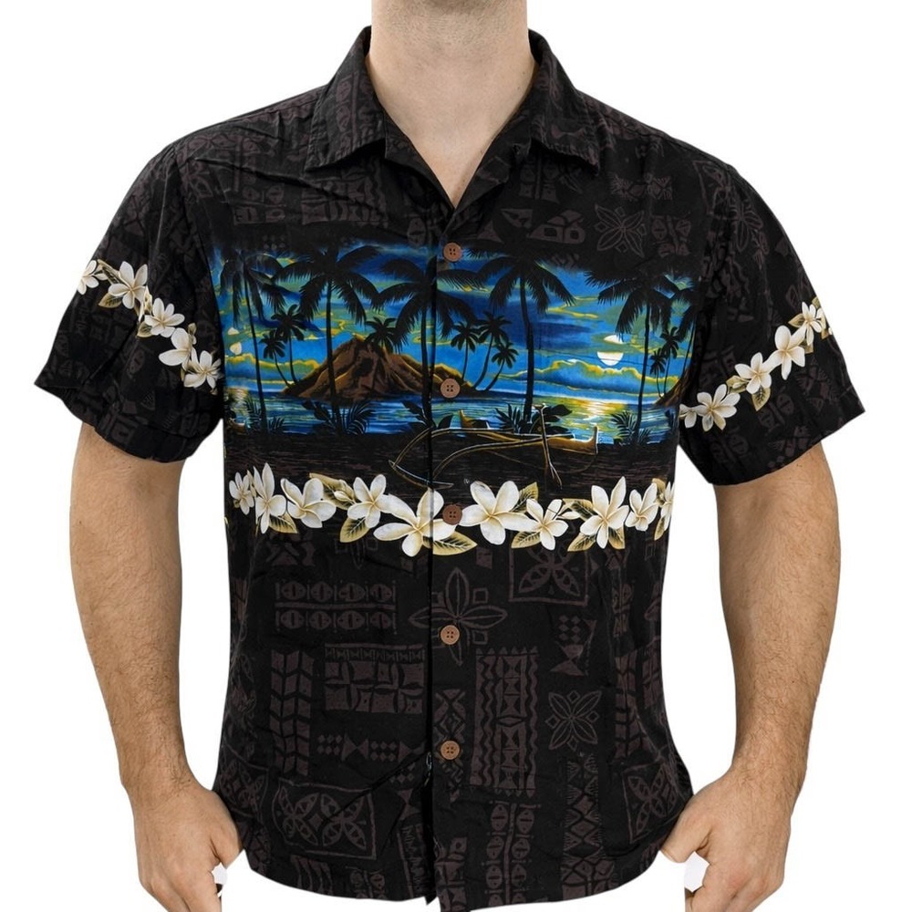 Hawaiian Reserve Hawaiian Aloha Shirt Small Sunset Palm Trees Boats Beach Floral